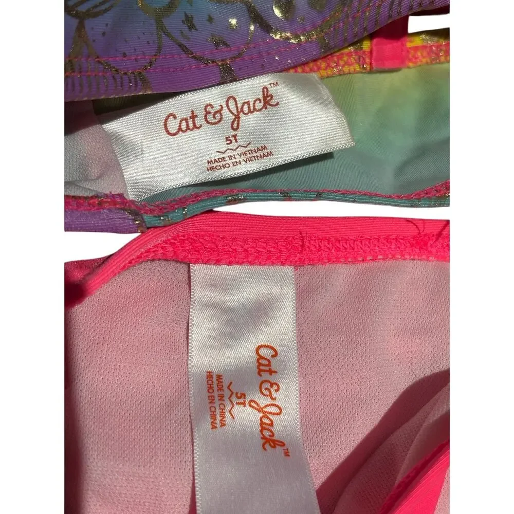 Cat and Jack 5t mermaid bikini and skirt tutu set metallic hot pink rainbow euc